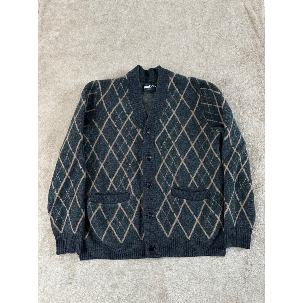 BARBOUR Ferguson Black Marble Sweater Wool Slim Fit Argyle Knitted Cardigan L